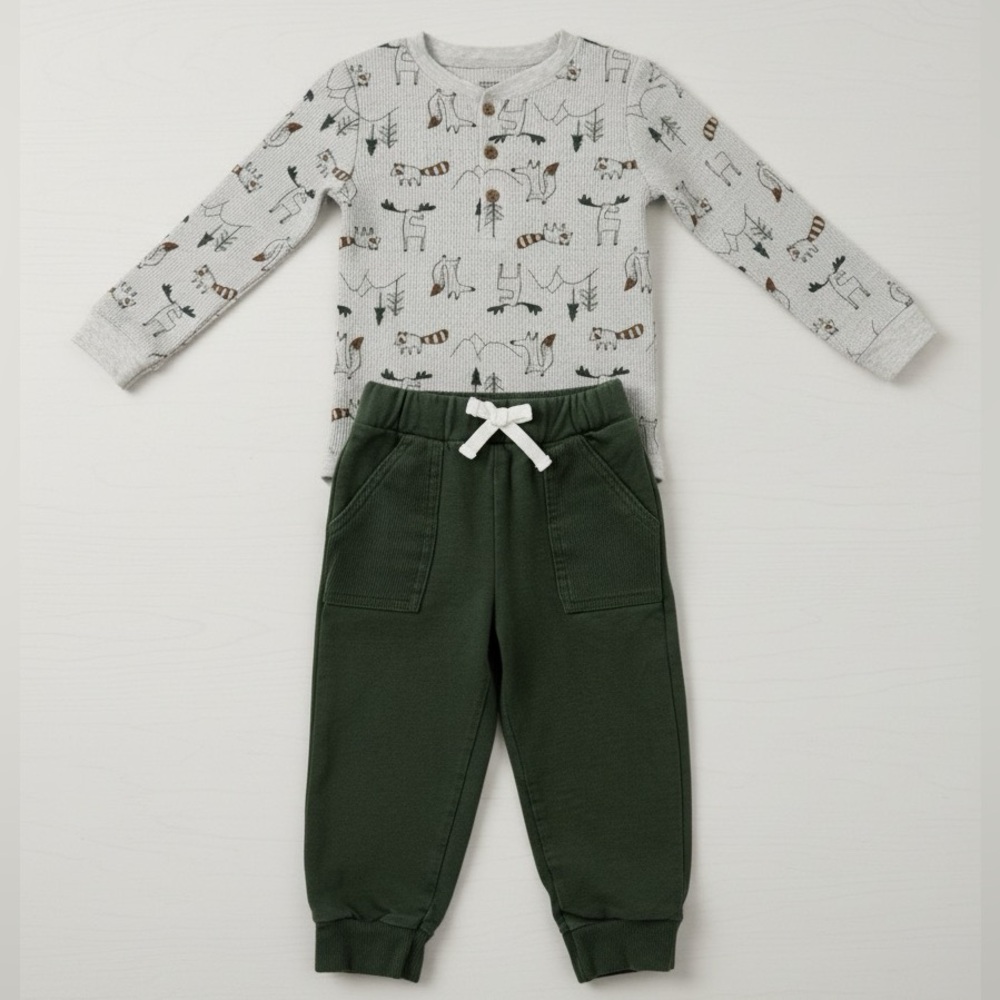 Carters Henley Waffle Knit Shirt Woodland Forest Animal Print Green Jogger Set